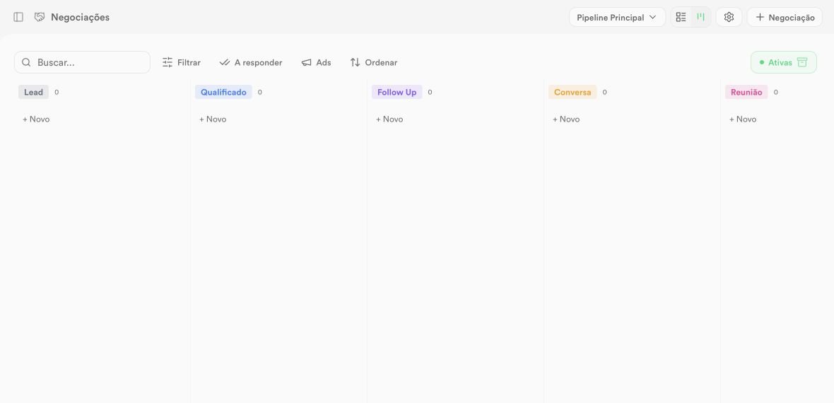 Tela real do funil do CRM, sem registros de clientes